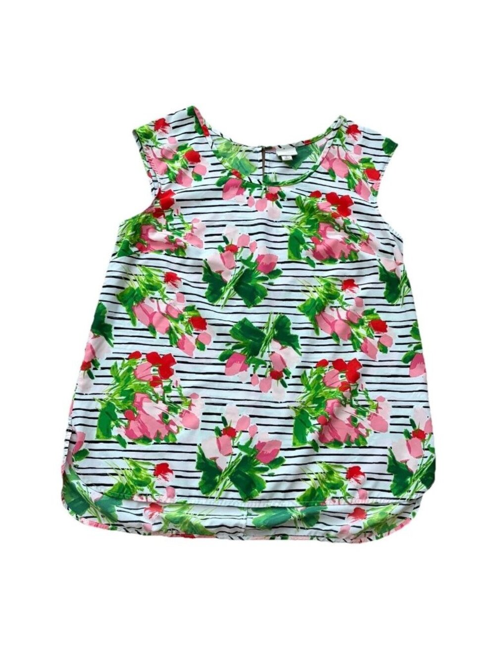 Target Merona Large Pink Green White Floral Striped Blouse Sleeveless Split Hem